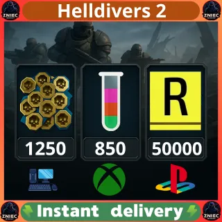 50000 Requisitions | 1250 Medals | 850 Samples | Character + Weapon XP | PC/PS/XBOX | Helldivers 2