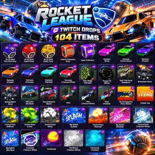 104 Items | 66 Cases + Bodies + Wheels + Decals + Goal Explosions | Rocket League Twitch Drops
