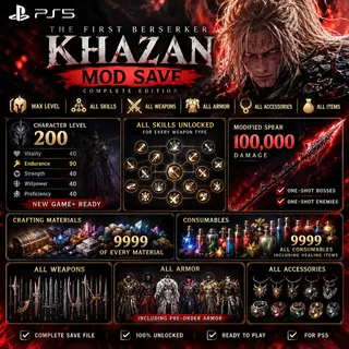 The First Berserker: Khazan Mod Save | All skills + LVL 200 + 9999 consumables + All weapons | PS5