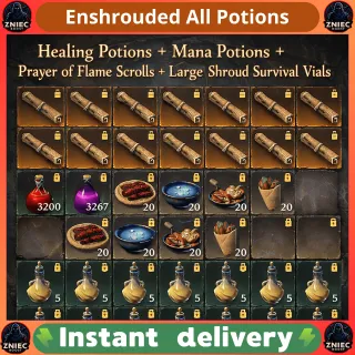 Healing Potions | Mana Potions | Prayer of Flame Scrolls | Large Shroud Survival Vials | Enshrouded