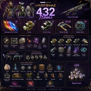 432 Items | Gara | Sevagoth | Styanax | 10 Forma | 2 Shards | 20 Pathos | 7 Adapters | Warframe Twitch Drops