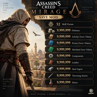 Assassin's Creed Mirage | 52 Skill Points + 9,999 Dirham + 9,999 Materials + 9,999 Elixirs | Modded Save PS