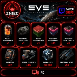 182 Items | Crates | Spaceship Skins | EverMarks | Design Elements | Boosters | EVE Online Twitch Drops