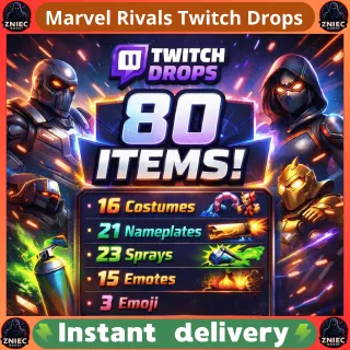 80 Items | 16 COSTUMES | 64 PLATES | SPRAYS | EMOTES | Marvel Rivals Twitch Drops