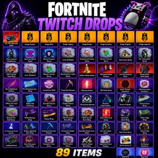 89 Items | 5 Pickaxes + 12 Back Blings + 10 Wraps + 17 Sprays + 32 Emoticons | Fortnite Twitch Drops