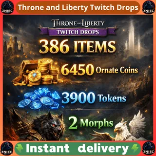 386 Items |  6450 Ornate Coins | 3900 Tokens | Crystals | Coins | 2 Morphs | Throne and Liberty Twitch Drops