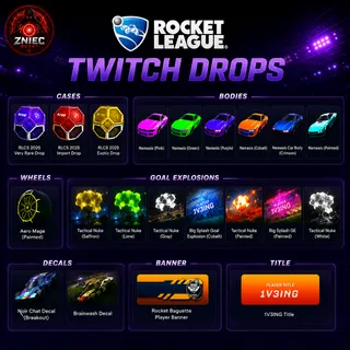 33 Items | 15 Cases | Bodies | Wheels | Goal Explosions | Rocket League Twitch Drops