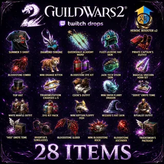 28 Items | Booster + Outfit + Skin | Guild Wars 2 Twitch Drops