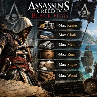 Assassin’s Creed IV: Black Flag | Max Reales + Max Cloth + Max Metal + Max Rum + Max Sugar + Max Wood  | Modded Save PS