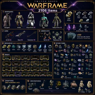 2106 Items | Sevagoth | Saryn | Baza | 34 Forma | 78 Relics | 6 Adapters | Warframe Twitch Drops