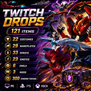 121 Items | 22 Costumes + 300 Chrono Tokens + 29 Nameplates + 33 Sprays  | Marvel Rivals Twitch Drops