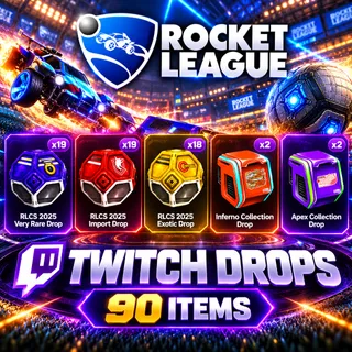 90 Items | 60 Cases | Exotic + Import + Rare + Inferno + Apex | Rocket League Twitch Drops