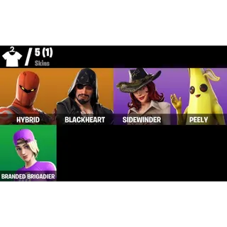 Fortnite: 5 SKINS Hybrid | Blackheart | Sidewinder | Peely | Branded Brigadier + 100 VB ✅ All Platforms ✉️ Full Access