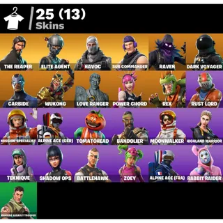 Fortnite: 25 SKINS The Reaper | Elite Agent | Take The L | Havoc + 2200 VB  ✅ All Platforms ✉️ Full Access (Mail Changeable)