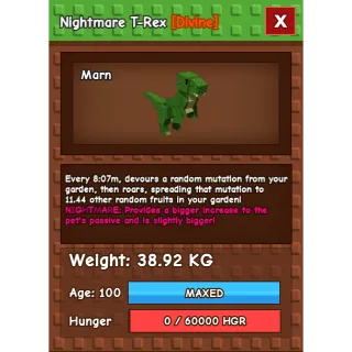 Nightmare T-rex Trex 100 38-39kg max Age 100