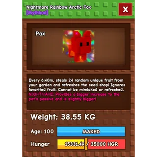 Nightmare Rainbow Hatched Arctic Fox Age 100 38-39kg max