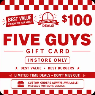 $100.00 USD FIVE GUYS GIFT CARDS [CRAZY LIMITED DEALS]