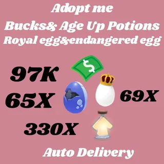 bucks andAGE UP POTIONS and royal egg 69x and 65x endangered egg - ADOPT ME
