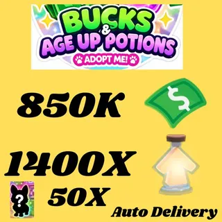 BUCKS AND AGE UP POTIONS and 50x random pets  -ADOPT ME (ALL IN ONE ACCOUNT)