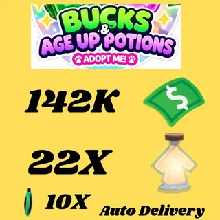 BUCKS AND AGE UP POTIONS AND 10X CURE ALL POTIONS  -ADOPT ME 