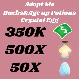 BUCKS AND AGE UP POTIONS 50x crystal egg  -ADOPT ME (ALL IN ONE ACCOUNT)