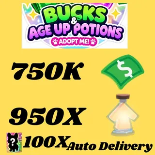 BUCKS AND AGE UP POTIONS 100x random pets  -ADOPT ME 