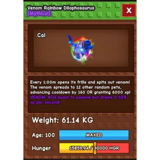 VENOM RAINBOW HATCHED DILOPHOSAURUS 61KG PLUS !