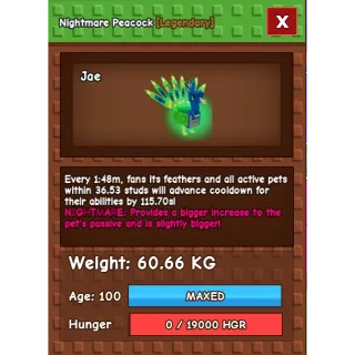 nightmare peacock 60kg+ 15s with toy 