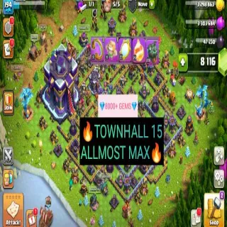 Clash of Clans ⚡(COC)💎[ TH15] - ALL MOST MAX🔥[5xEPIC EQIP] [ HEROS SKINS ] || HERO-82-80-62-56-33-1|| FULL SAFE ACC