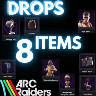 ARC RAIDERS 8 ITEMS Skins Bobblehead Backpack Charm Emote Eye Band Vintage Mic Record Player Binoculars Blaster Twitch Drops