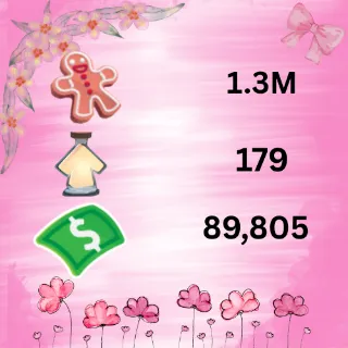 1.3M ginger bread 89,805 bucks 179 age up