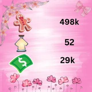   29k bucks ,52 ageup , 498k ginger bread