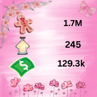 1.7M ,GINGERBREAD , 129 k bucks, 245 ageup portions. ADOPT ME , AGEUP AND BUCKS