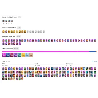 KT 16 XP (89) | ALL EVO CARDS | 113 ELITE CARDS | 13000+ TROPHIES | 390 RARE EMOTES | 66 TOWER SKINS IMAGES IN DESC