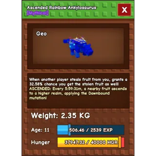 GROW A GARDEN / Rainbow Hatched Ankylosaurus Ascended Ankylosaurus (RB Hatched + Ascended 0.32%) Rarest Combo NOT DUPEDED 
