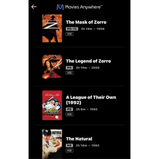 The Mask of Zorro, The Legend of Zorro, A League of Their Own, The Natural / suv9🇺🇸 / HD MOVIESANYWHERE