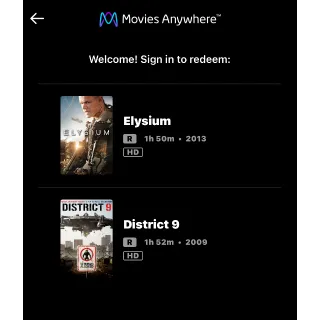 Elysium (2013) AND District 9 (2009) / 🇺🇸 / HD MOVIESANYWHERE