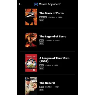 The Mask of Zorro, The Legend of Zorro, A League of Their Own, The Natural / 8x93🇺🇸 / HD MOVIESANYWHERE