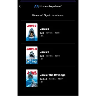 JAWS 3-MOVIE COLLECTION / 🇺🇸 / Jaws 2, Jaws 3, Jaws The Revenge / 4K UHD MOVIESANYWHERE