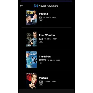 ALFRED HITCHCOCK 4-Movie Collection / 🇺🇸 / Rear Window + Vertigo + Psycho + The Birds / 4K UHD MOVIESANYWHERE