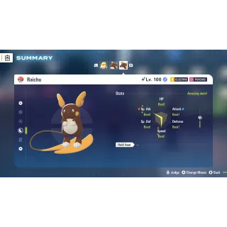 Shiny Alolan Raichu Fully Trained Timid or Modest Nature 6 IV for Pokemon Legends ZA