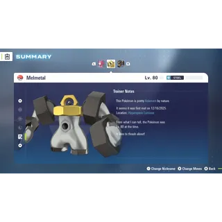 Melmetal Adamant 6 IV Battle Ready level 100 for Pokemon Legends ZA + free Golden Bottle cap