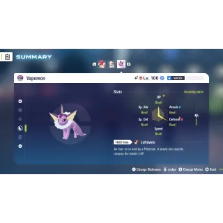 Vaporeon Alpha Shiny level 100 Fully EV Trained w/ moveset 6 IV Online Battle Ready for Pokémon Legends ZA