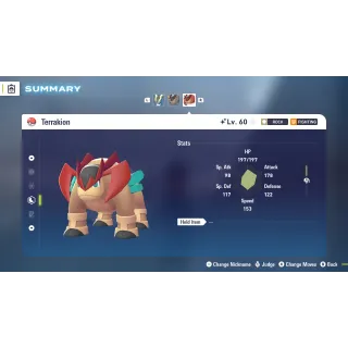 Shiny Terrakion Adamant 6 IV Battle Ready level 100 for Pokemon Legends ZA + free Golden Bottle cap