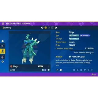 6IV Shiny Dialga ✨ Max Stats with Adamant Crystal held item Origin Form