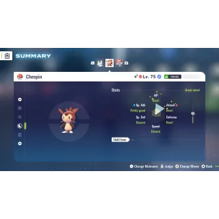 Shiny Alpha Chespin Adamant Nature 6 IV for Pokemon Legends ZA