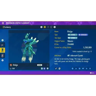 6IV Shiny Dialga ✨ Max Stats with Adamant Crystal held item Origin Form