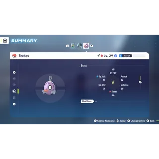 Shiny Alpha Feebas Modest 6 IV Battle Ready level 100 for Pokemon Legends ZA + free Golden Bottle cap