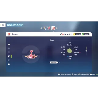 Shiny Alpha Rotom Mow Modest 6 IV Battle Ready level 100 for Pokemon Legends ZA + free Golden Bottle cap