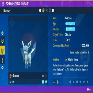 Shiny ✨ Battle Ready Glaceon Max stats Held Item